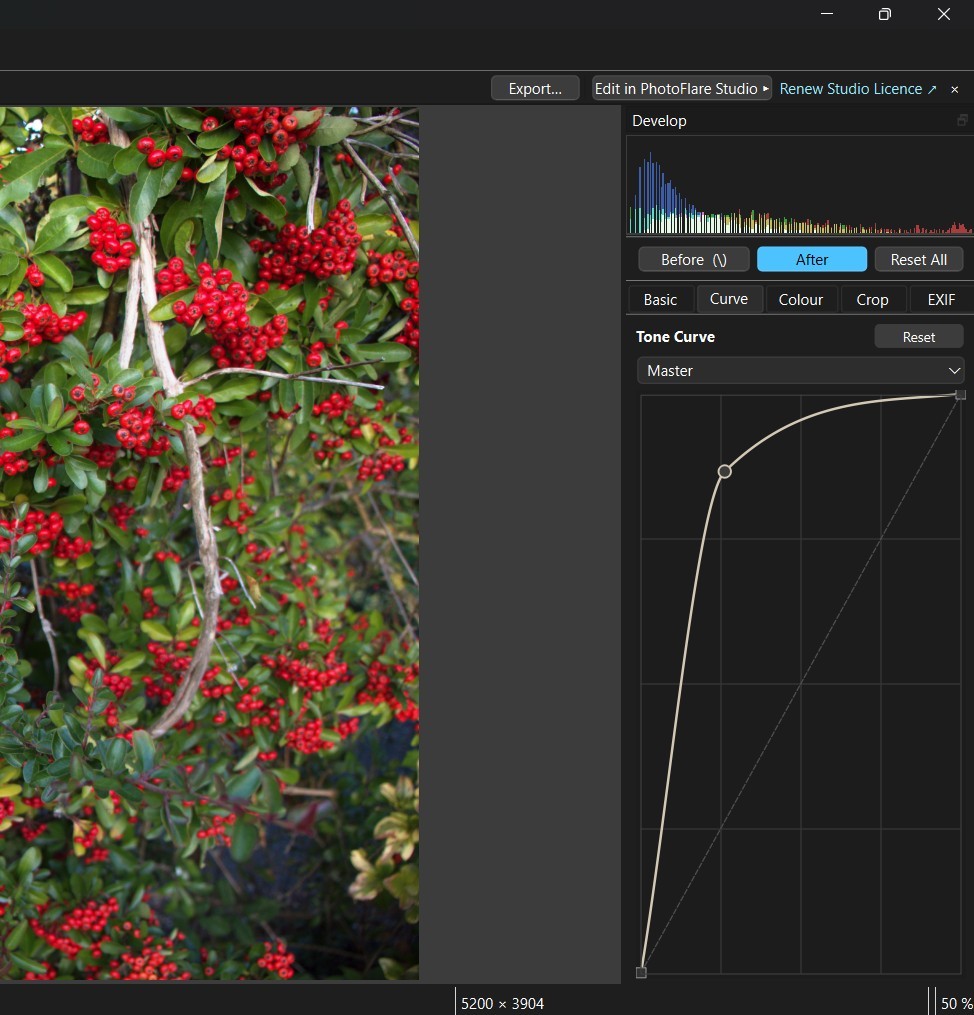 PhotoFlare Lens before/after toggle showing an underexposed RAW file alongside the developed result