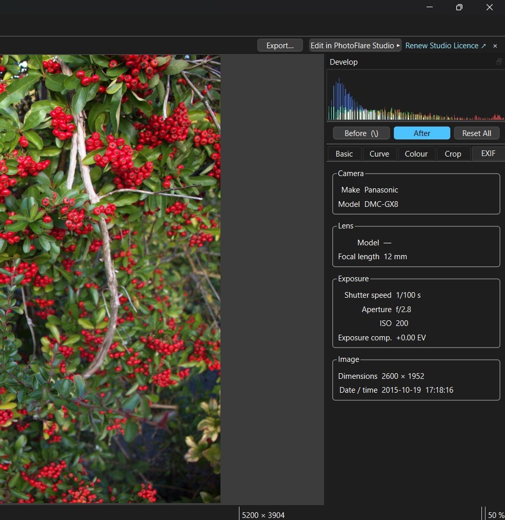 PhotoFlare Lens EXIF panel showing camera make and model, lens, shutter speed, aperture, ISO and GPS data