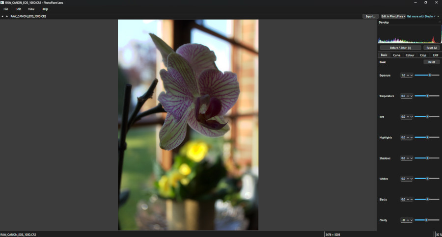 PhotoFlare Lens RAW viewer showing develop panel with histogram and tone curve